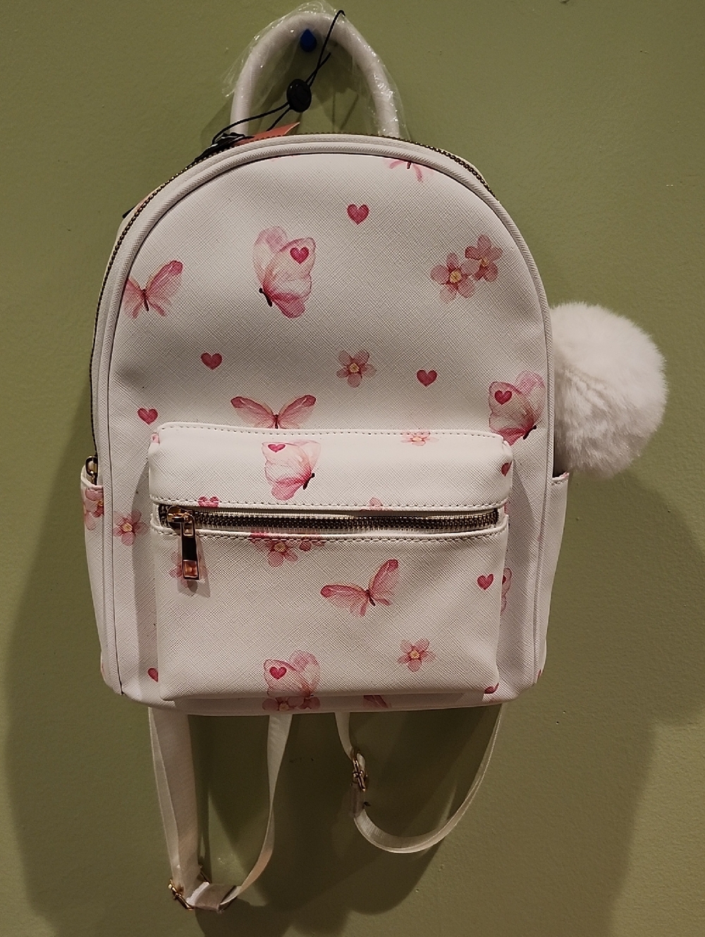White Mini Backpack with Pink Butterfly and Heart Print